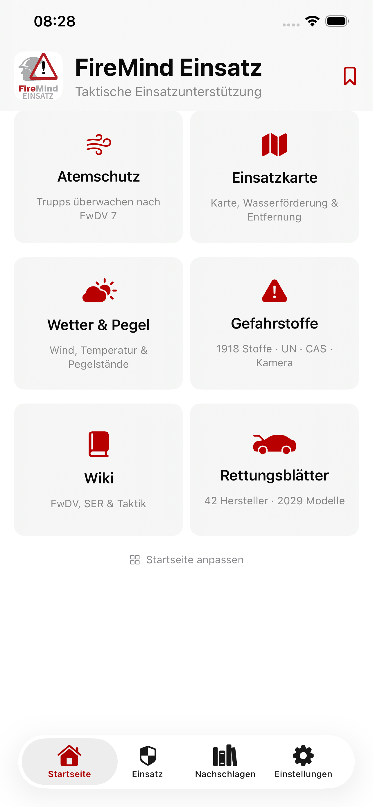 Startseite mit allen Modulen